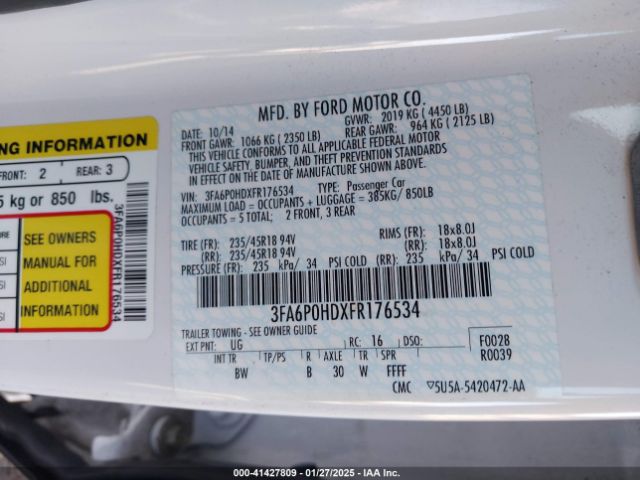 3FA6P0HDXFR176534 Ford FUSION SE