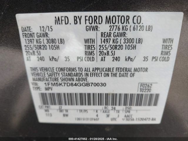 1FM5K7D84GGB70030 Ford EXPLORER XLT