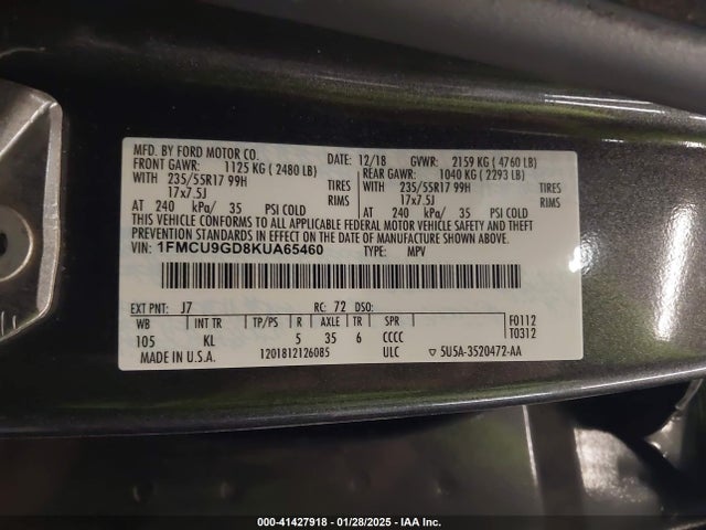 1FMCU9GD8KUA65460 Ford ESCAPE SE