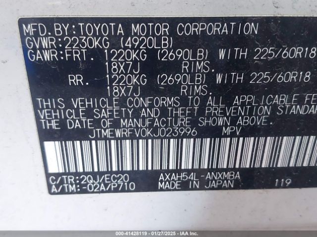 JTMEWRFV0KJ023996 Toyota Rav4 Hybrid Xse