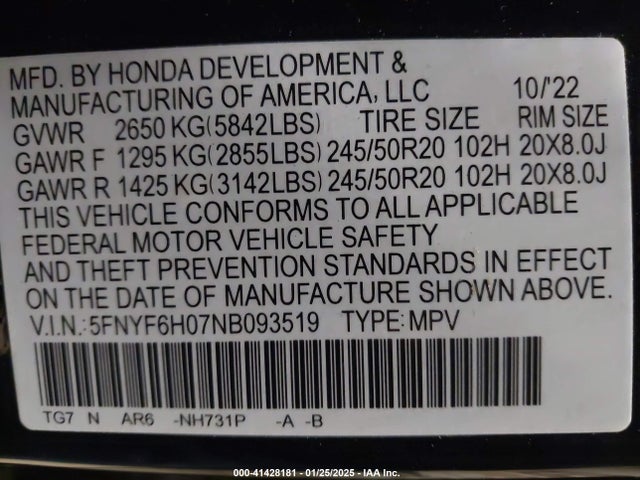 Honda Pilot Awd Elite 2022 5FNYF6H07NB093519 Image 9