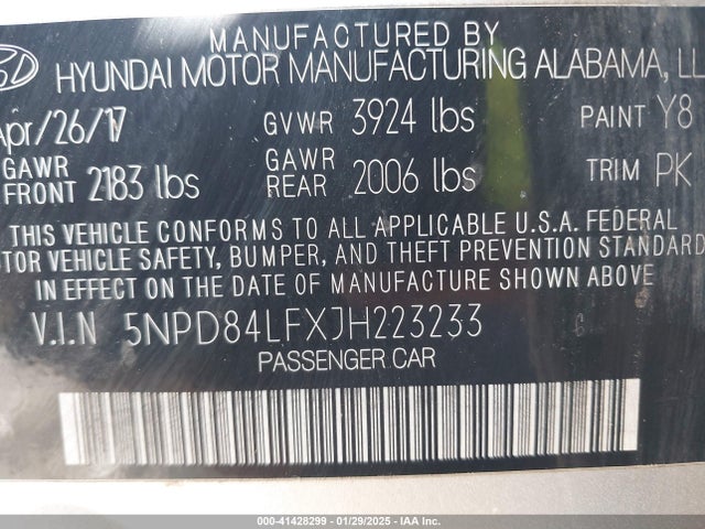 5NPD84LFXJH223233 Hyundai ELANTRA SEL