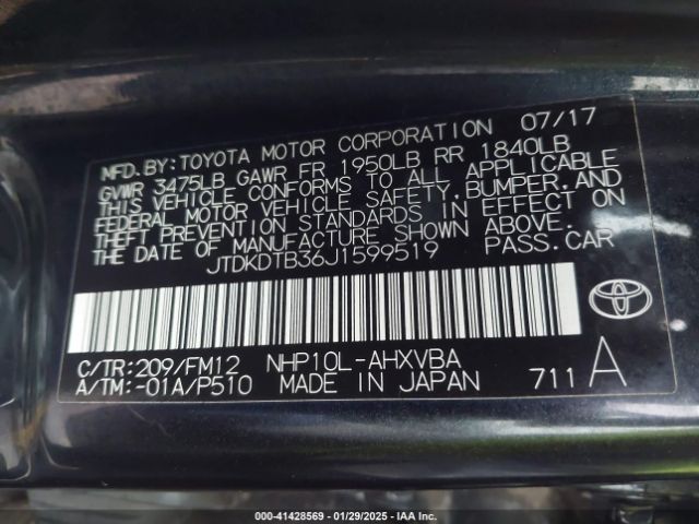 JTDKDTB36J1599519 Toyota Prius C Two