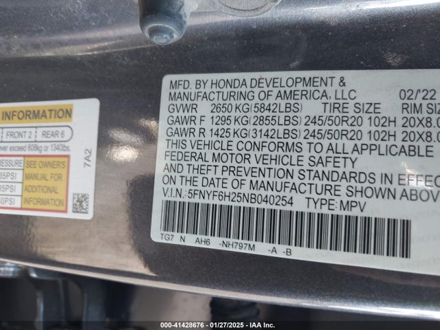 Honda j35y6 2022 5FNYF6H25NB040254 Image 9