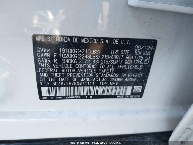 3CZRZ2H76SM711111 Honda Hr-v Awd Ex-l