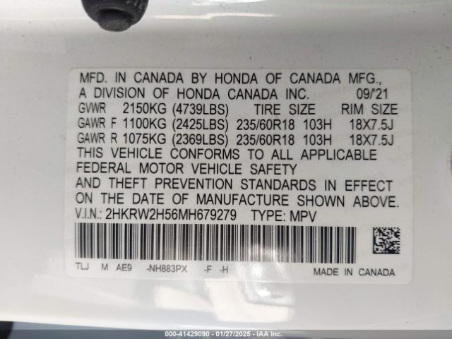 2HKRW2H56MH679279 Honda Cr-v Awd Ex