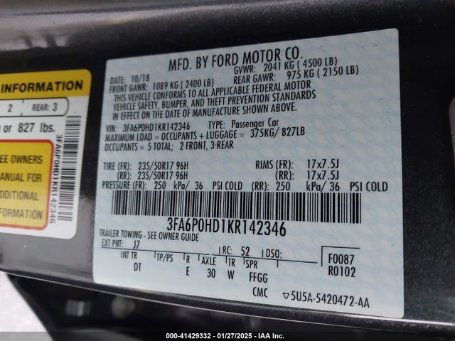 Ford FUSION SE 2019 3FA6P0HD1KR142346 Image 9