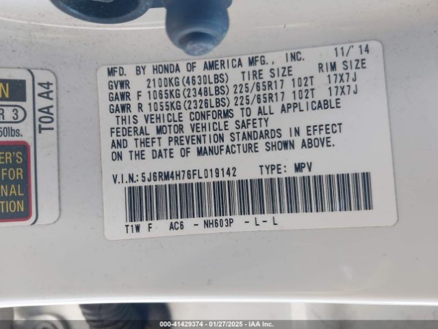5J6RM4H76FL019142 Honda Cr-v Ex-l