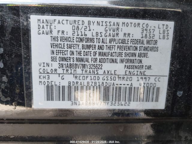 3N1AB8BV7MY325622 Nissan Sentra S Xtronic Cvt