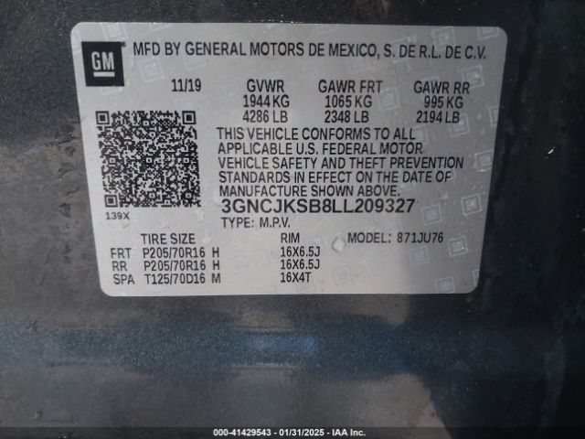 3GNCJKSB8LL209327 Chevrolet Trax Fwd Ls
