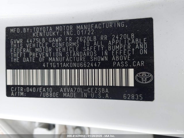 4T1G11AK0NU662447 Toyota CAMRY SE