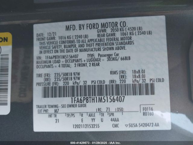 1FA6P8TH1M5156407 Ford Mustang Ecoboost Fastback