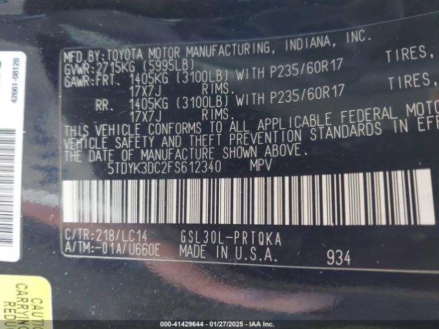 5TDYK3DC2FS612340 Toyota Sienna Xle/limited