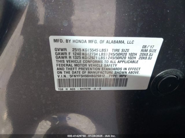5FNYF5H98HB029812 Honda Pilot Touring