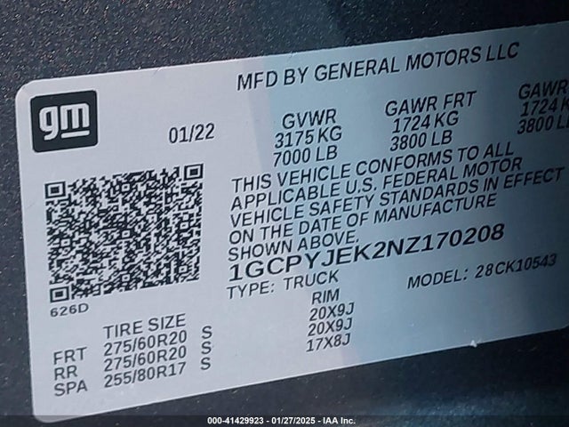 1GCPYJEK2NZ170208 Chevrolet Silverado 1500 Ltd 4wd  Short Bed Lt With 2fl