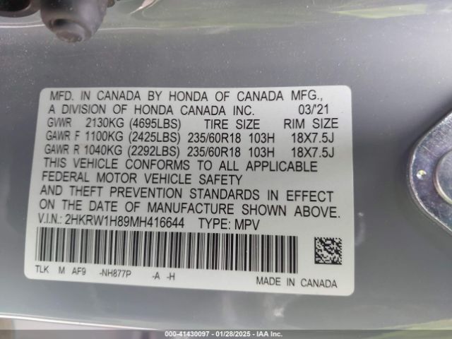 2HKRW1H89MH416644 Honda Cr-v 2wd Ex-l