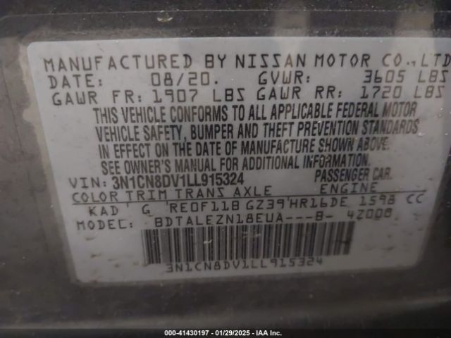 3N1CN8DV1LL915324 Nissan Versa S Xtronic Cvt