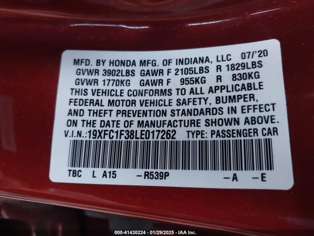 Honda CIVIC EX 2020 19XFC1F38LE017262 Image 9
