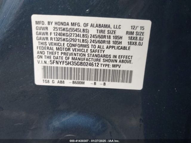 5FNYF5H35GB024612 Honda Pilot Ex