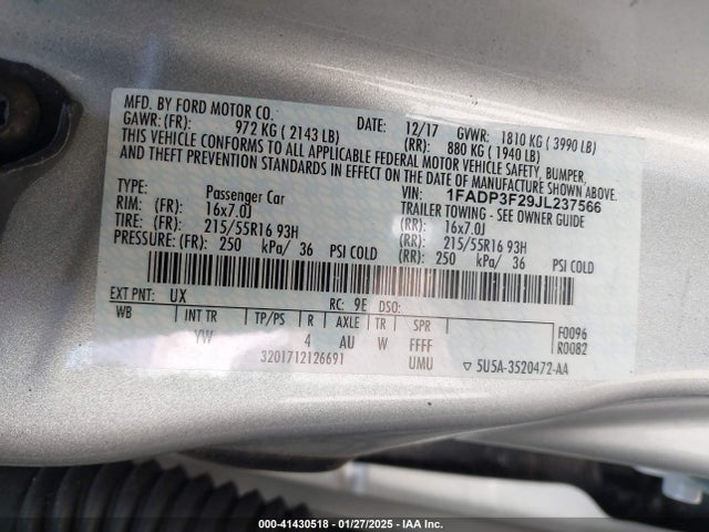 1FADP3F29JL237566 Ford FOCUS SE