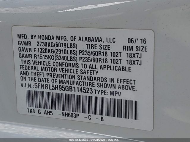 5FNRL5H95GB114523 Honda Odyssey Touring/touring Elite