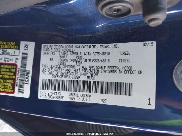 5TFRY5F18FX181989 Toyota Tundra Sr5 5.7l V8