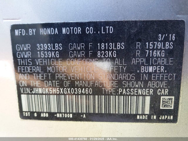 Honda FIT LX 2016 JHMGK5H5XGX039460 Image 9
