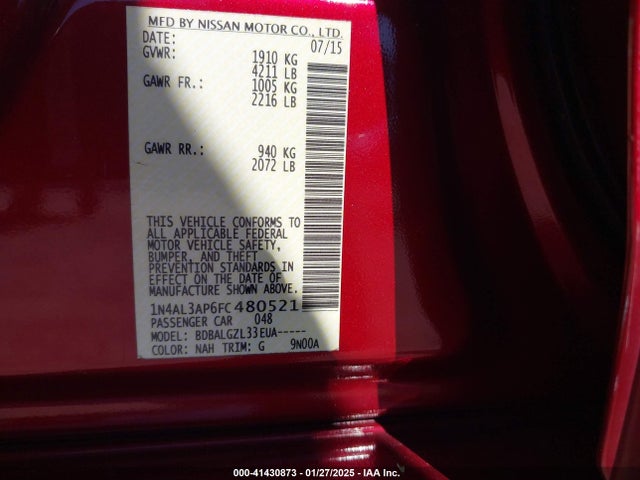 Nissan Altima 2015 1N4AL3AP6FC480521 Image 9