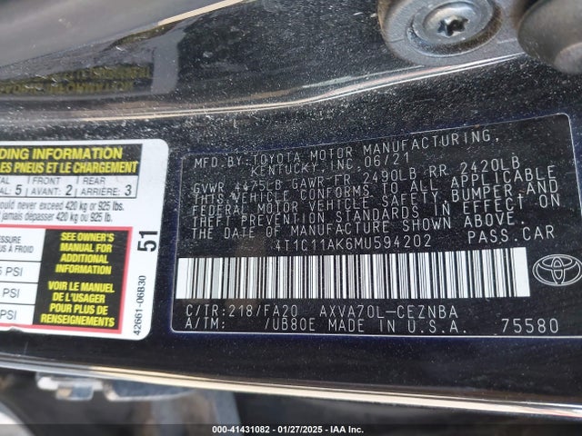 4T1C11AK6MU594202 Toyota CAMRY LE