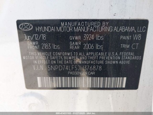5NPD74LF5JH376878 Hyundai ELANTRA SE