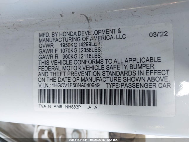 1HGCV1F58NA040949 Honda Accord Ex-l