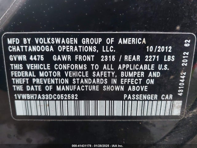 Aukcja sprzedaży 2013 Volkswagen Passat 2.5l Se, vin: 1VWBH7A33DC052582, numer aukcji: 41431178