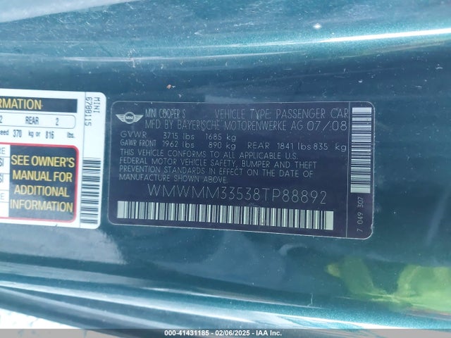 2008 MINI COOPER S CLUBMAN WMWMM33538TP88892 Photo 8