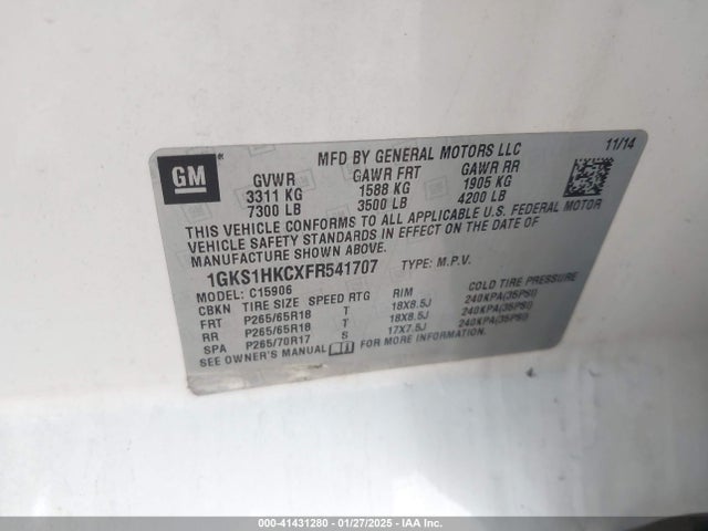 1GKS1HKCXFR541707 GMC Yukon Xl 1500 Slt