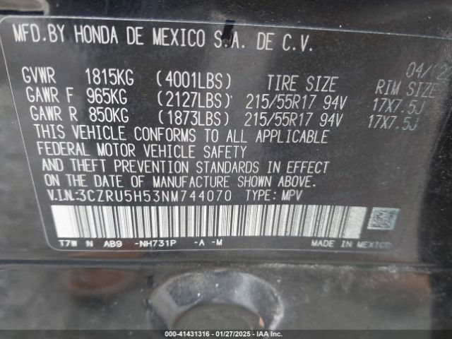 3CZRU5H53NM744070 Honda Hr-v 2wd Ex