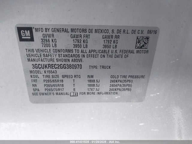 3GCUKREC2GG380970 Chevrolet Silverado 1500 2lt