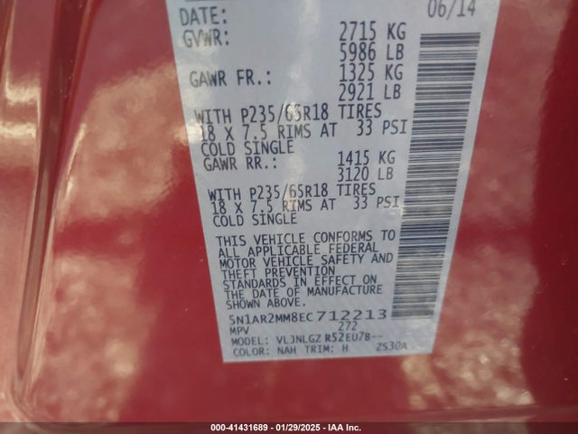 5N1AR2MM8EC712213 Nissan Pathfinder Sl