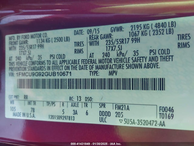 Ford ESCAPE SE 2016 1FMCU9G92GUB10671 Image 9