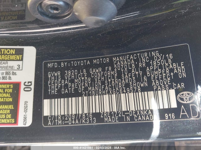 2T1BURHEXGC649578 Toyota COROLLA LE
