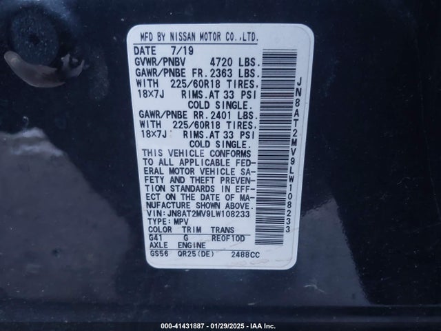 JN8AT2MV9LW108233 Nissan Rogue Sv Intelligent Awd