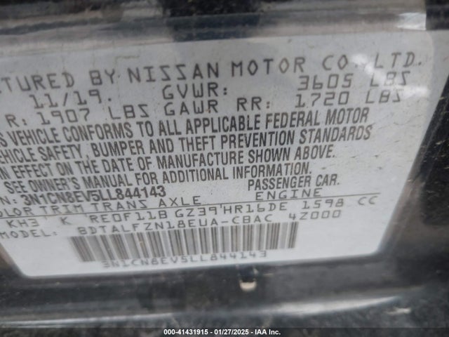 3N1CN8EV5LL844143 Nissan Versa Sv Xtronic Cvt