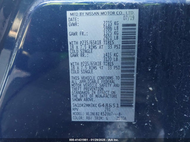 5N1DR2MM3KC648851 Nissan Pathfinder S