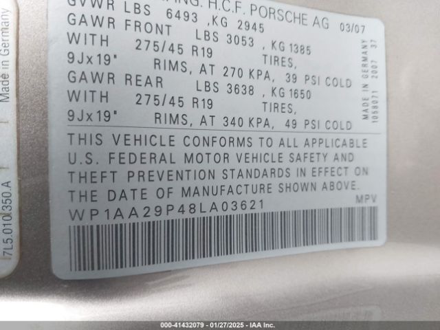 2008 PORSCHE CAYENNE WP1AA29P48LA03621 Photo 8