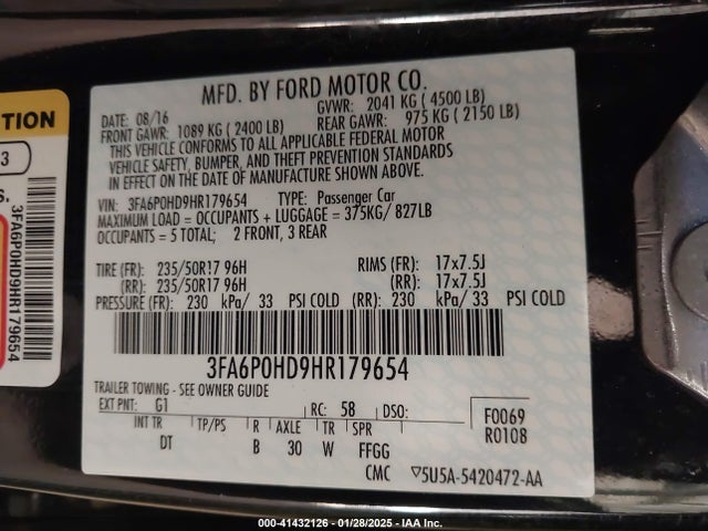 41432126 :رقم المزاد ، 3FA6P0HD9HR179654 vin ، 2017 Ford Fusion Se مزاد بيع