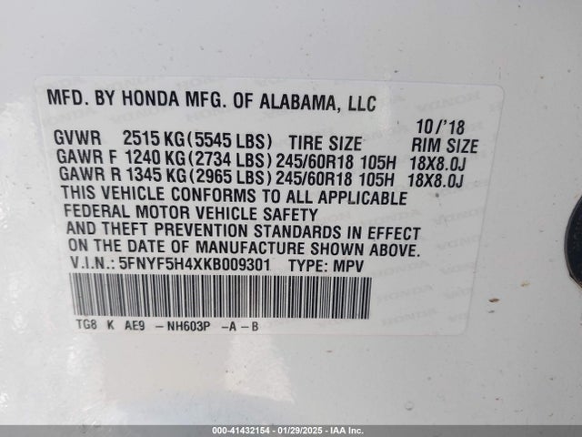 Honda Pilot Ex-l 2019 5FNYF5H4XKB009301 Image 9