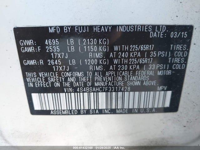 Subaru Outback 2.5i Premium 2015 4S4BSAHC7F3317428 Image 9