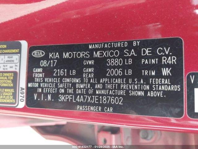 3KPFL4A7XJE187602 KIA FORTE S