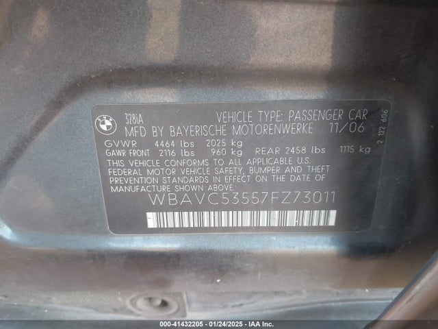 2007 Bmw 328i მანქანა იყიდება აუქციონზე, vin: WBAVC53557FZ73011, აუქციონის ნომერი: 41432205