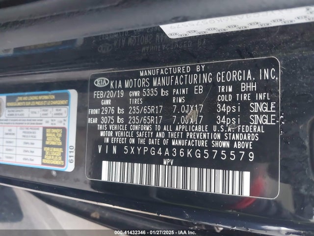 5XYPG4A36KG575579 KIA Sorento 2.4l Lx