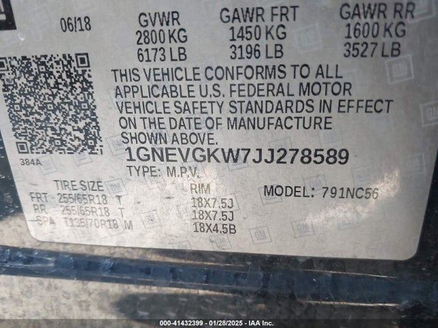 1GNEVGKW7JJ278589 Chevrolet Traverse 1lt